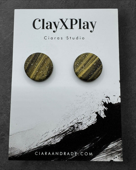 Gold & Black Striped Glitter Medium Polymer Clay Round Stud Earrings