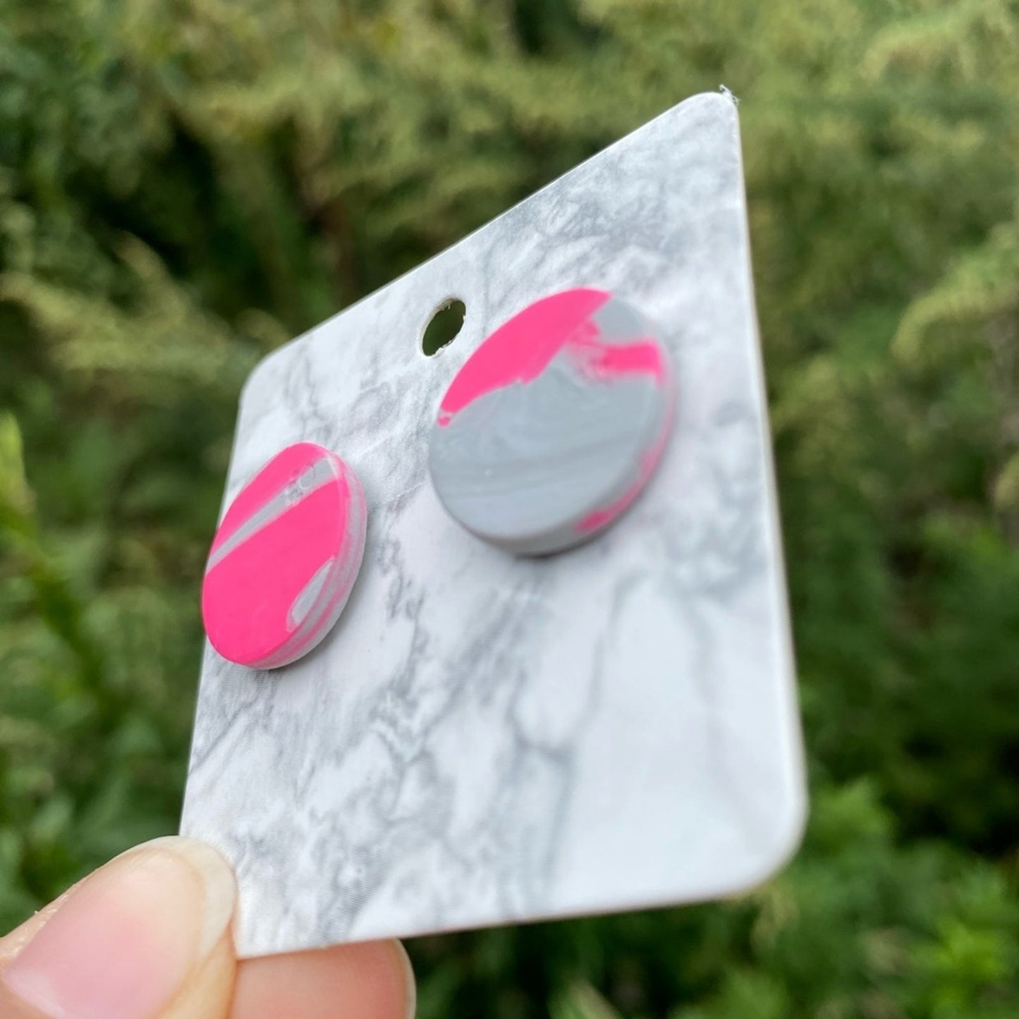 Pink & Gray Round Handmade Polymer Clay Stud Earrings