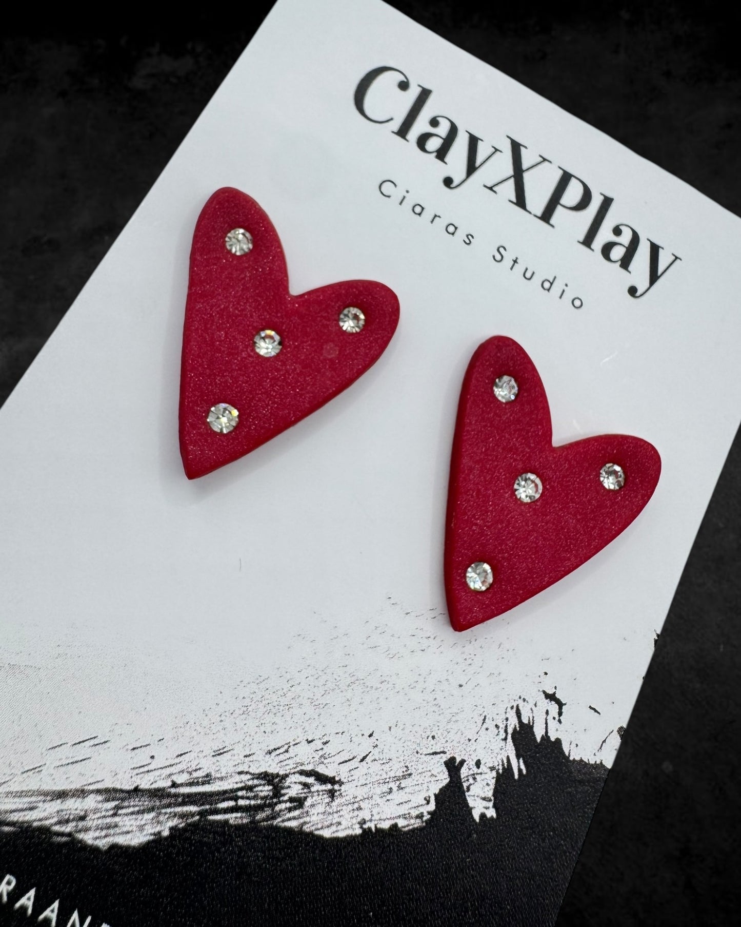 Red Diamond Medium Polymer Clay Heart Stud Earrings Handmade