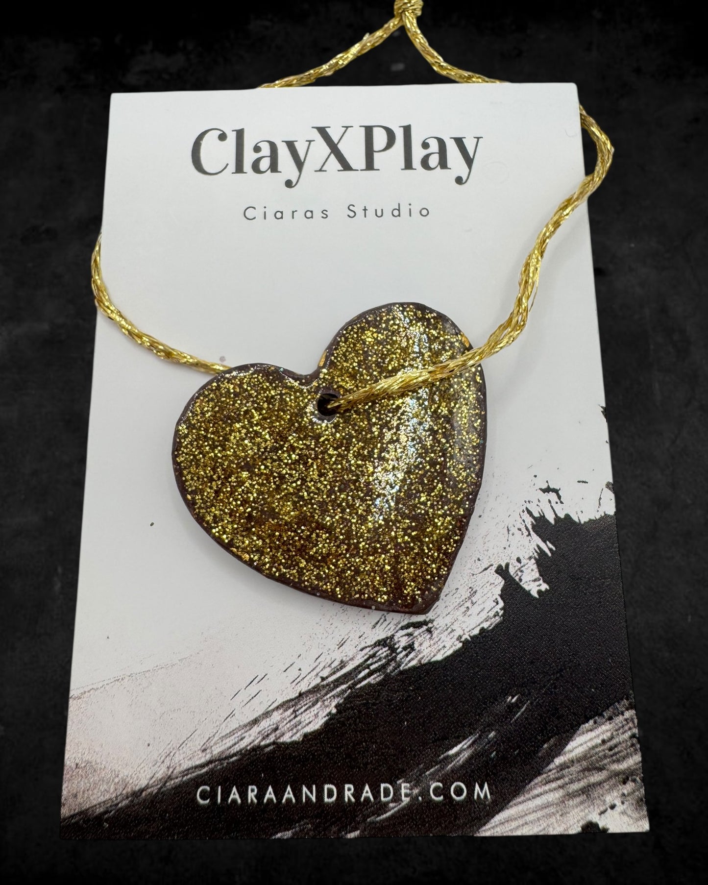 Money Magic Maroon & Gold Leaf Polymer Clay Heart Ornament Handmade