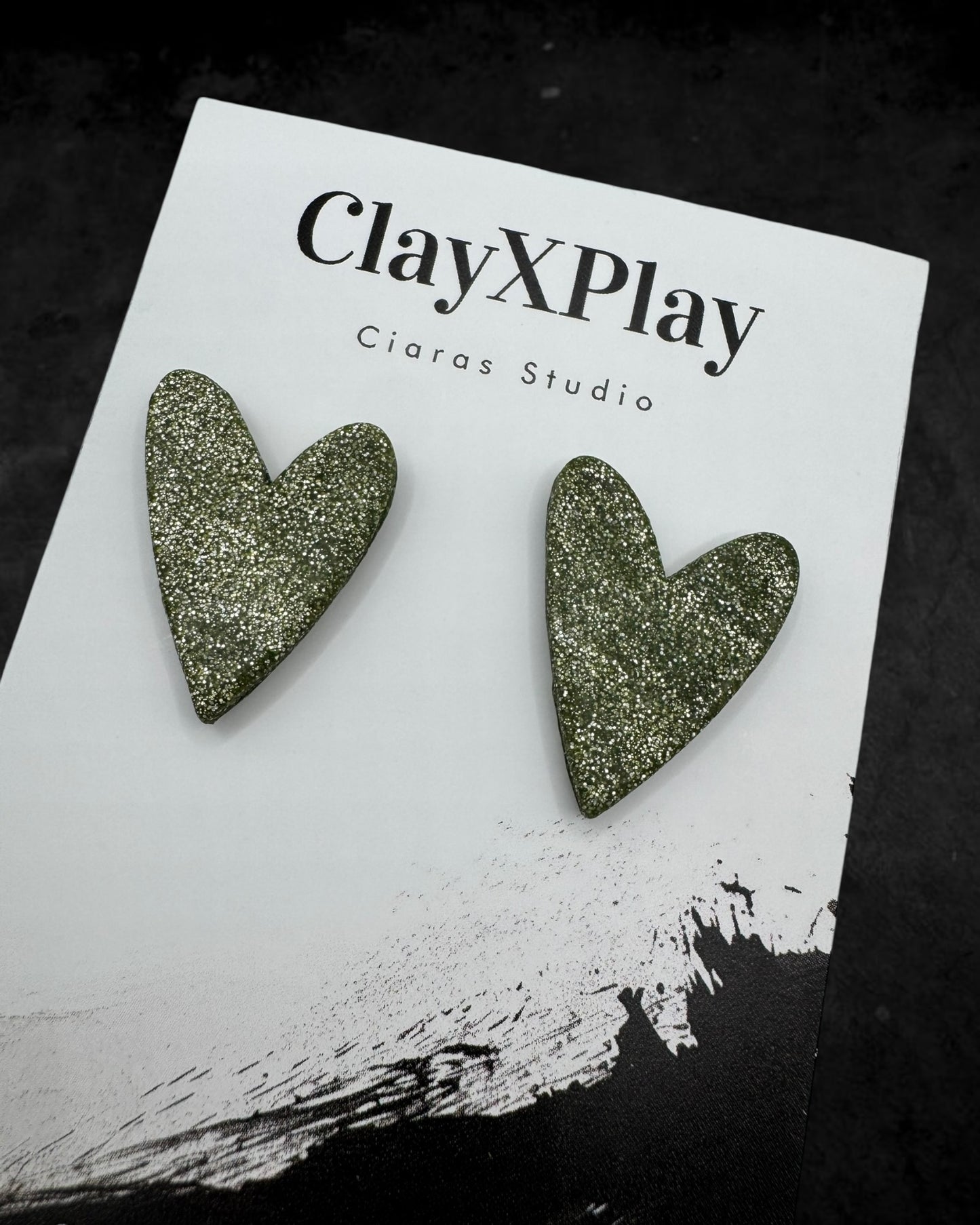 Green Glitter Large Green Polymer Clay Heart Stud Earrings Handmade