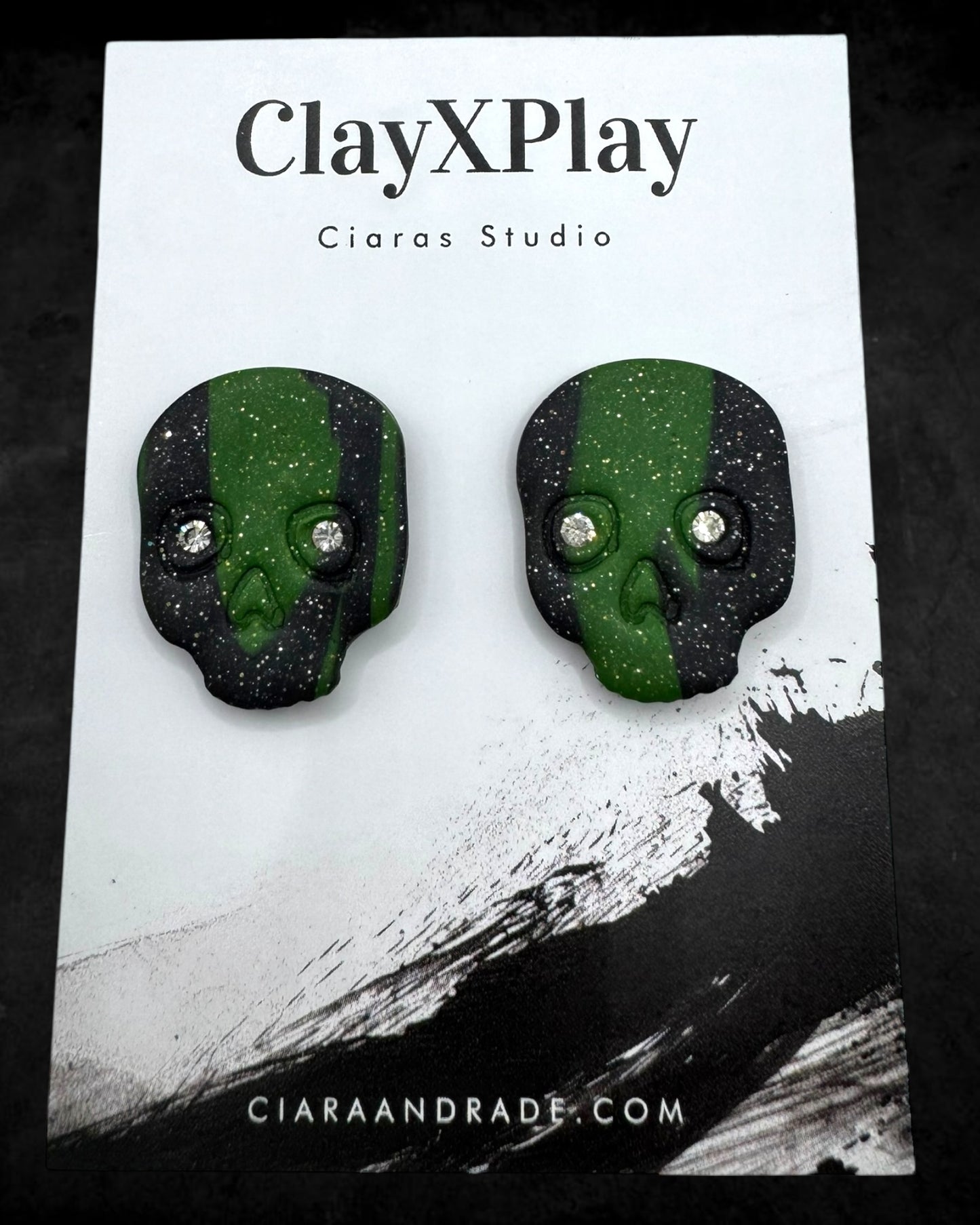 Diamond Eye Skull Black & Green Marbled XL Polymer Clay Stud Earrings Handmade