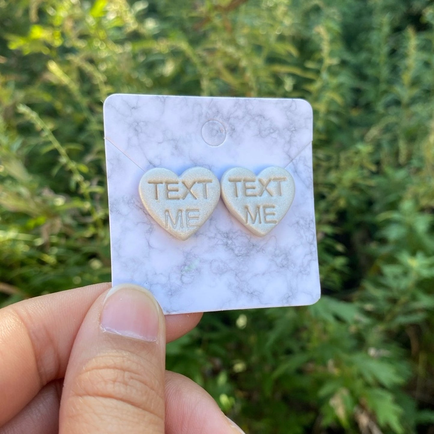 Conversation Heart TEXT ME Valentines Day Medium Pearl Polymer Clay Heart Stud Earrings – Handmade