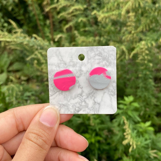 Pink & Gray Round Handmade Polymer Clay Stud Earrings