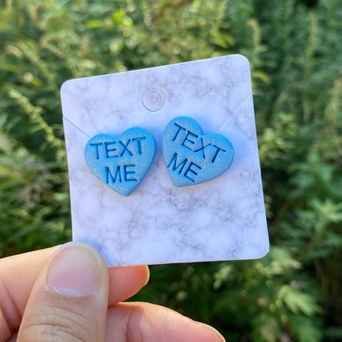 Conversation Heart TEXT ME Valentines Day Medium Blue Polymer Clay Heart Stud Earrings Handmade