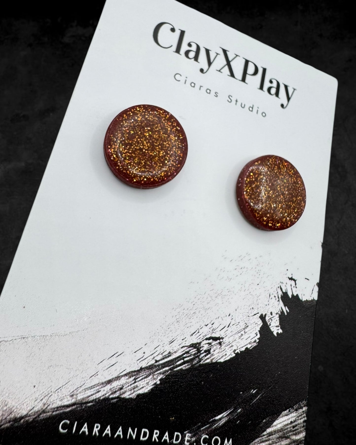 Red Bronze Glitter Large Round Polymer Clay Stud Earrings Handmade