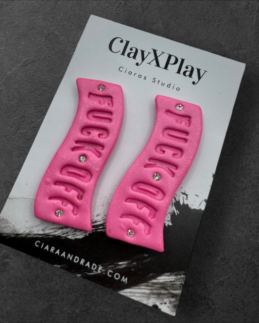 Fuck Off Pink Polymer Clay Curved Stud Earrings – XL Handmade Statement