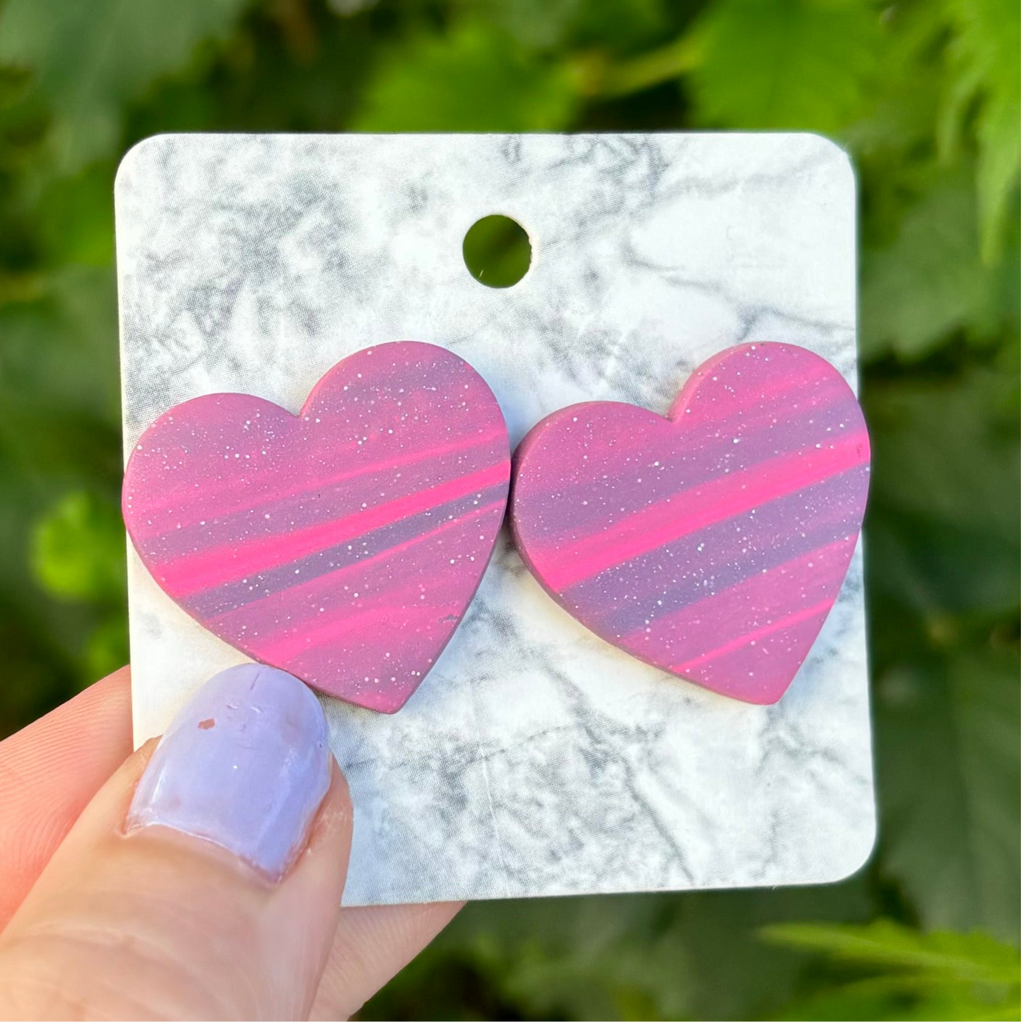 Pink & Purple Polymer Clay Heart Stud Earrings XL Handmade