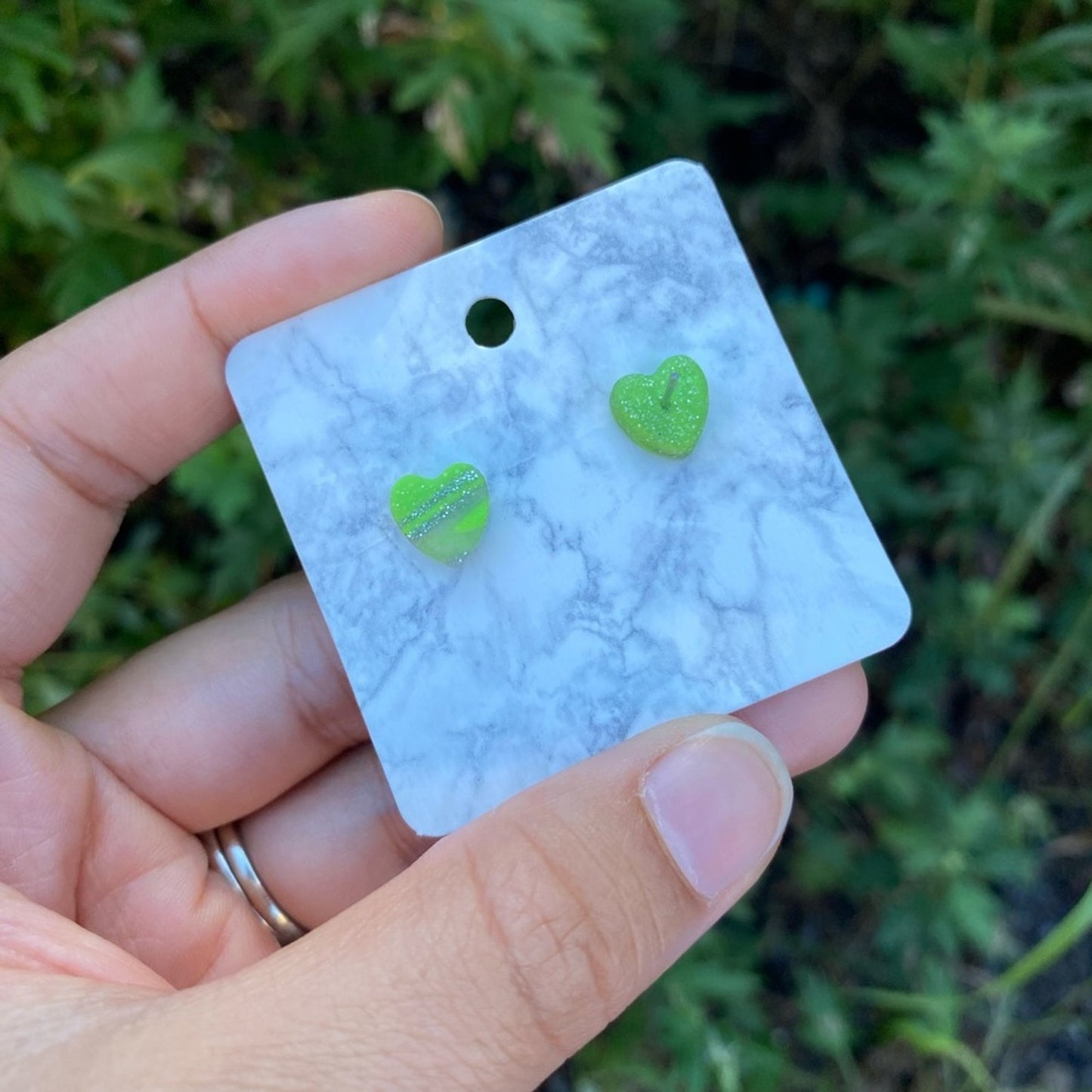 Mini Green & Silver Polymer Clay Heart Studs