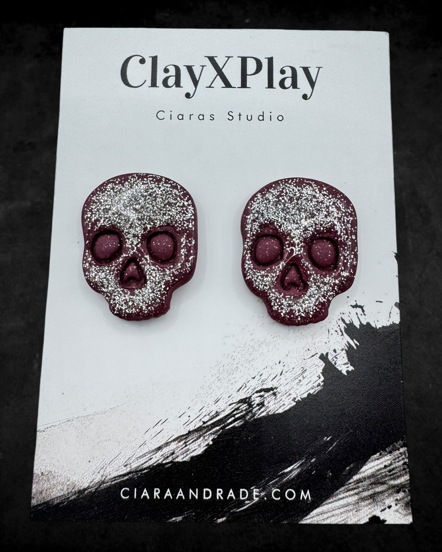 Silver Glitter Red Skull XL Polymer Clay Stud Earrings Handmade