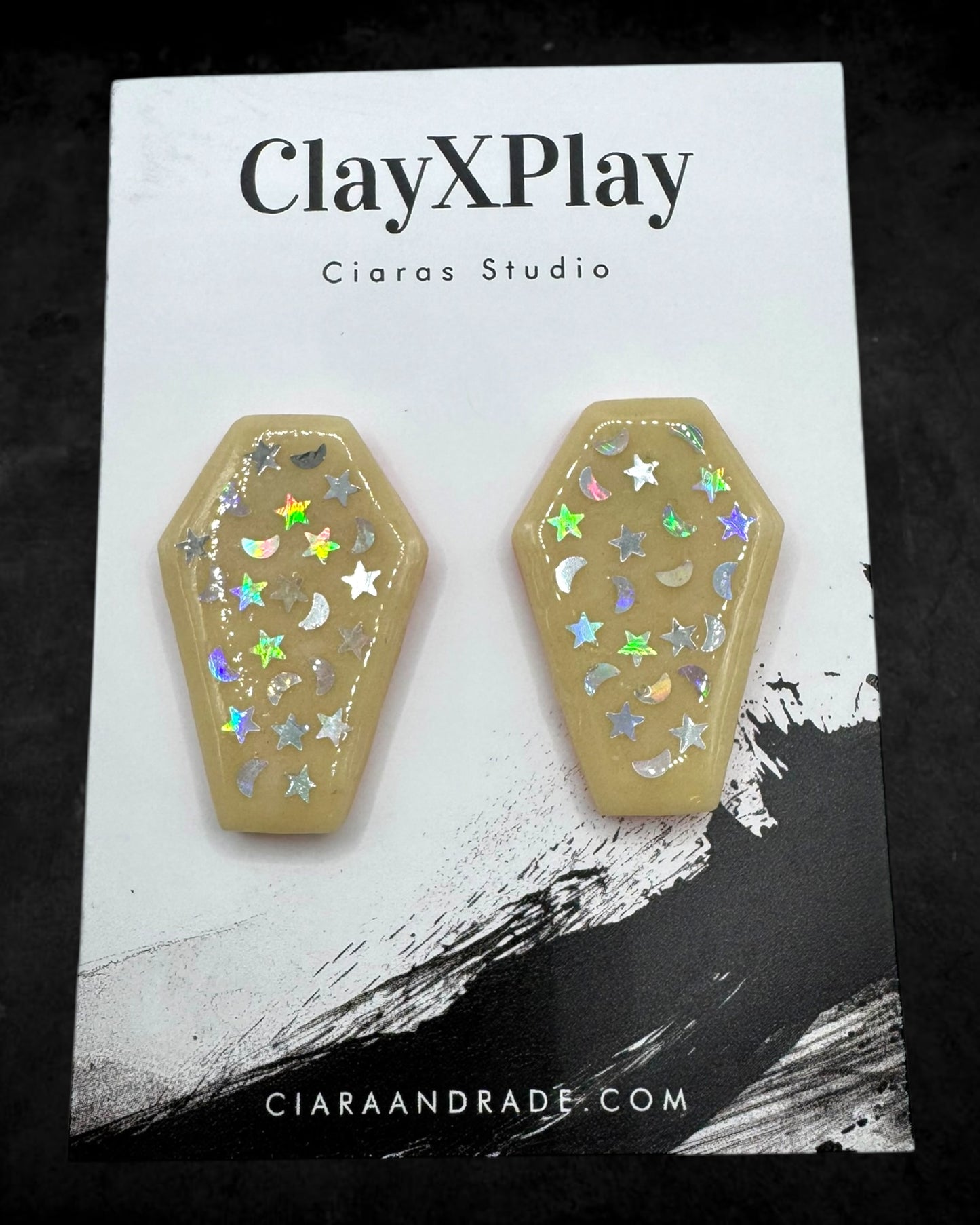 Coffin Glow In The Dark Starry Night Yellow Polymer Clay Stud Earrings Handmade