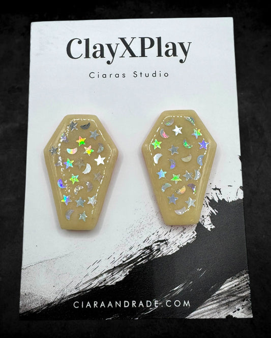 Coffin Glow In The Dark Starry Night Yellow Polymer Clay Stud Earrings Handmade