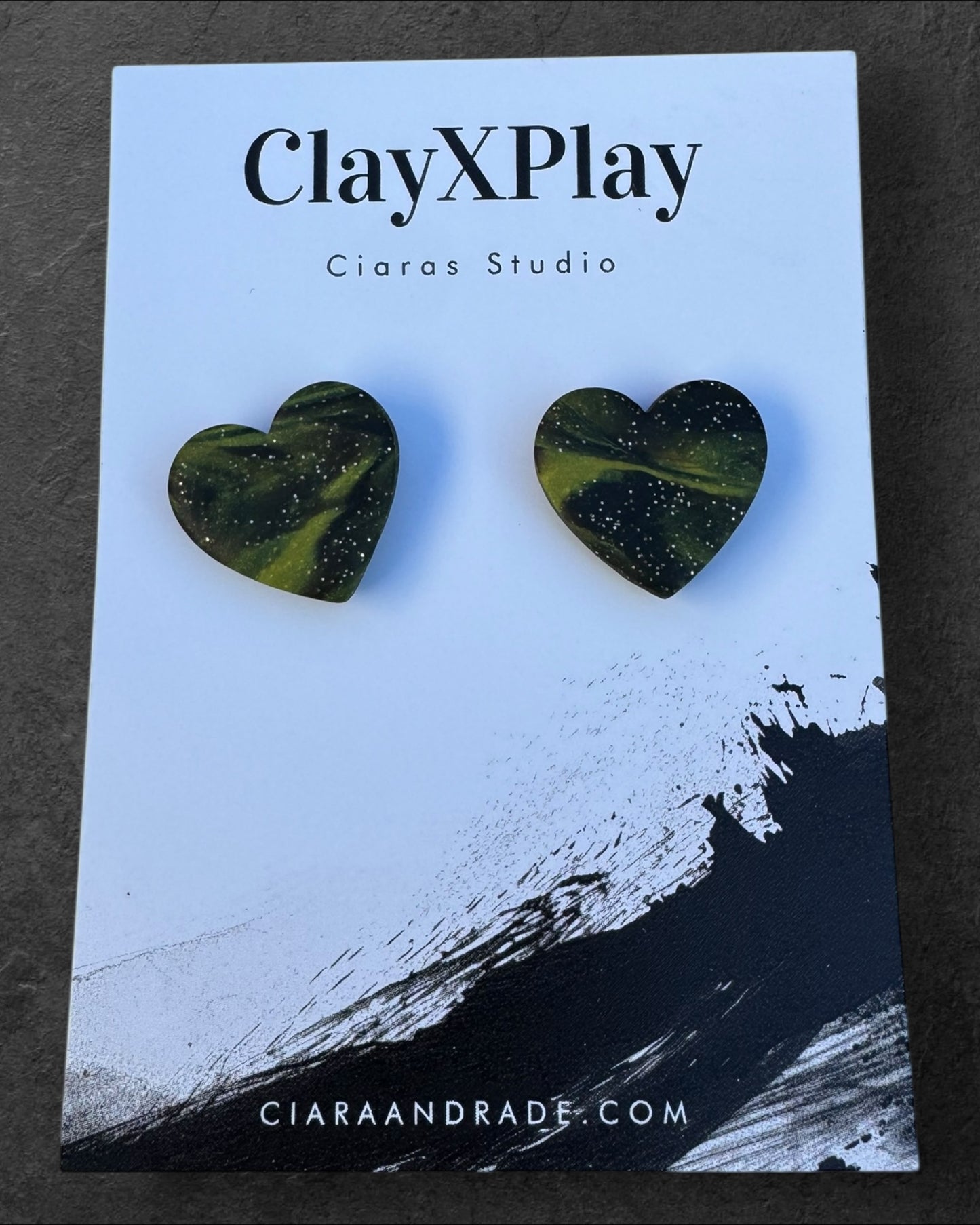 Marbled Black & Green Medium  Clay Heart Stud Earrings  Handmade