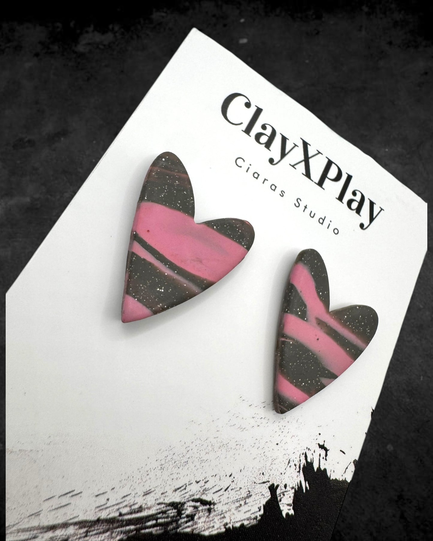 Pink & Gray Marbled Heart Handmade Polymer Clay Stud Earrings