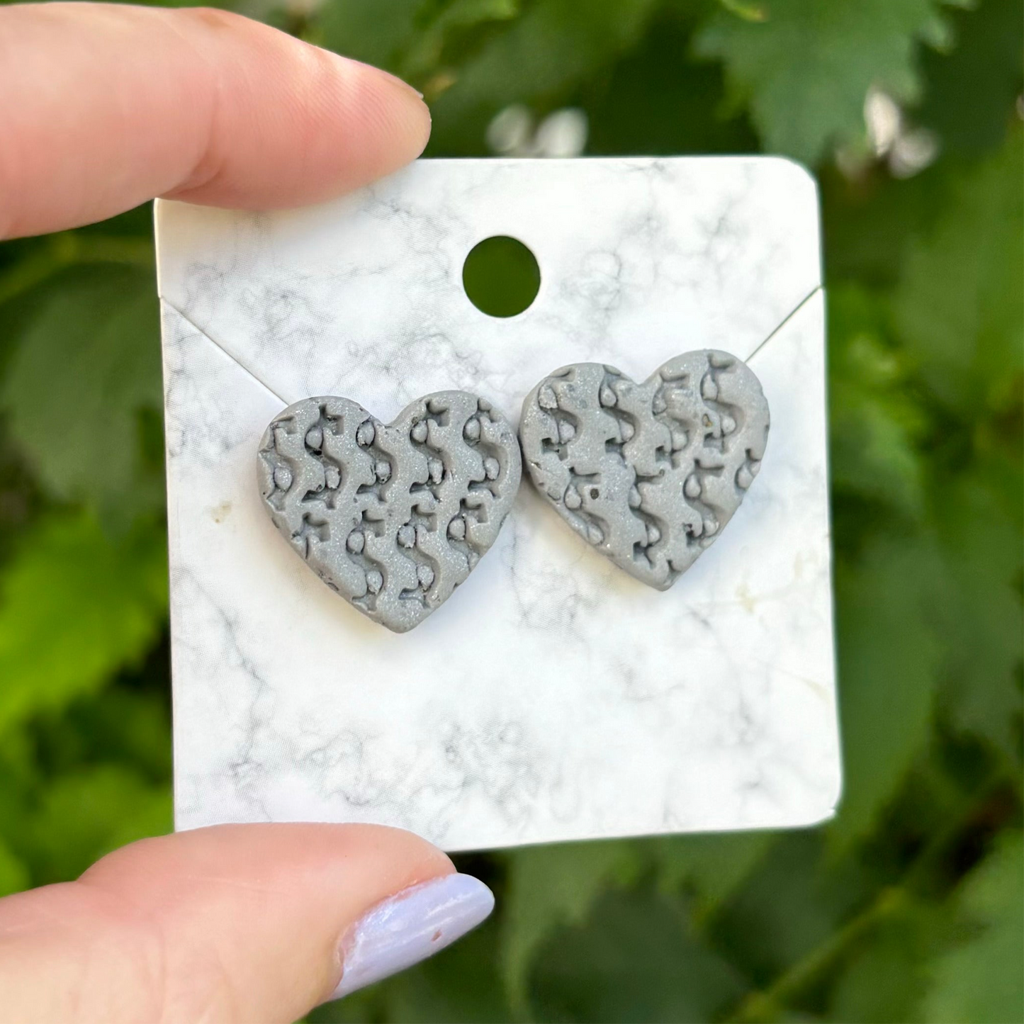 Money Magic Gray Medium Polymer Clay Heart Stud Earrings Handmade