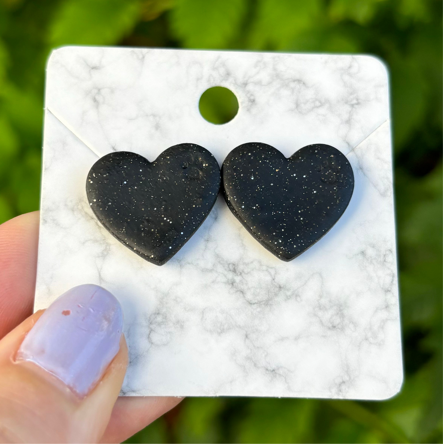 Black Paw Print Signature Medium Polymer Clay Heart Stud Earrings Handmade