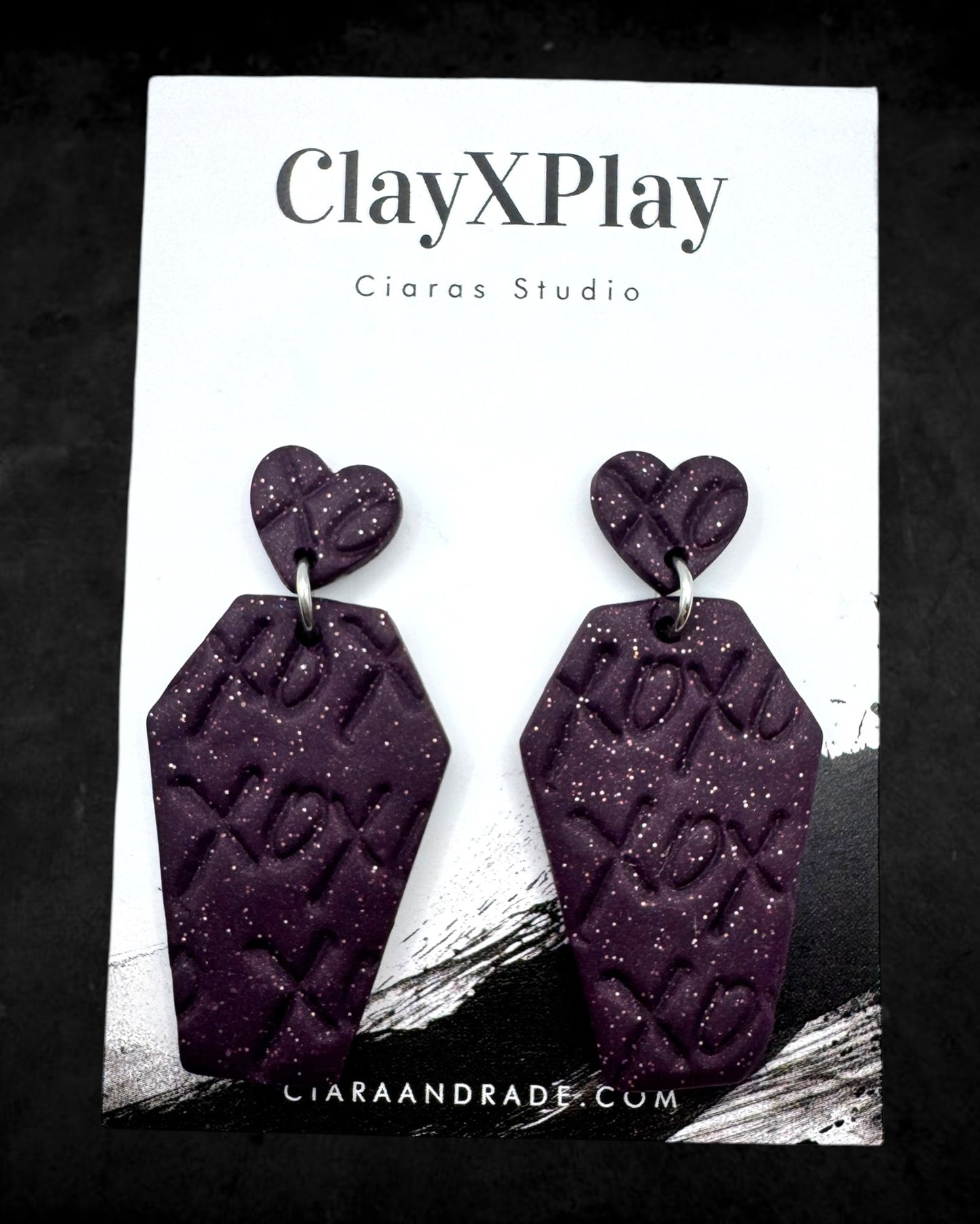 Till Death Do Us Part XOXO Purple Polymer Clay Heart Coffin Stud Earrings Handmade