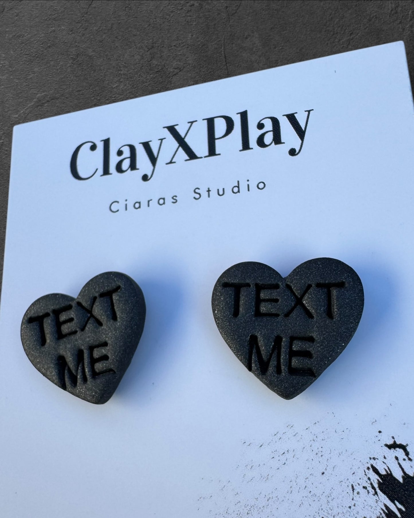 Conversation Heart TEXT ME Valentines Day Medium Black Polymer Clay Heart Stud Earrings – Handmade