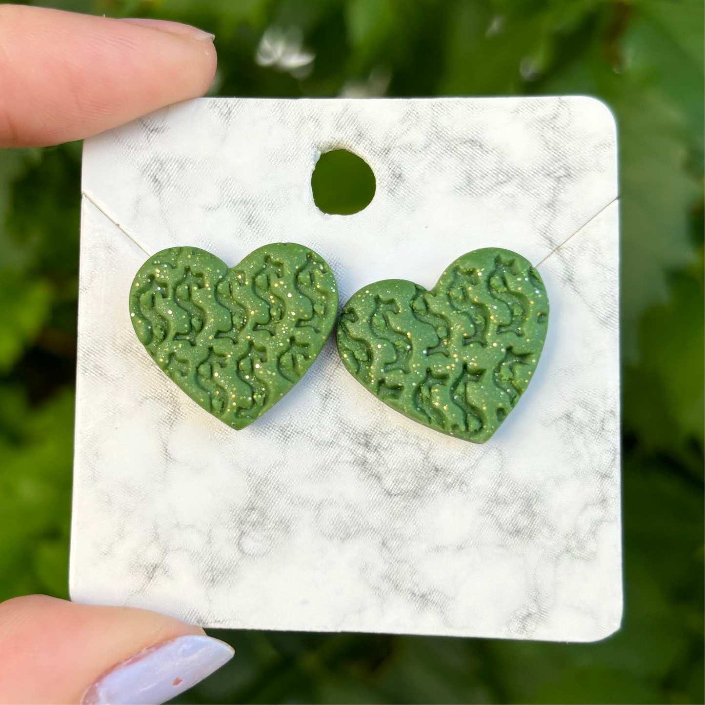 Money Magic Green Medium Polymer Clay Heart Stud Earrings Handmade