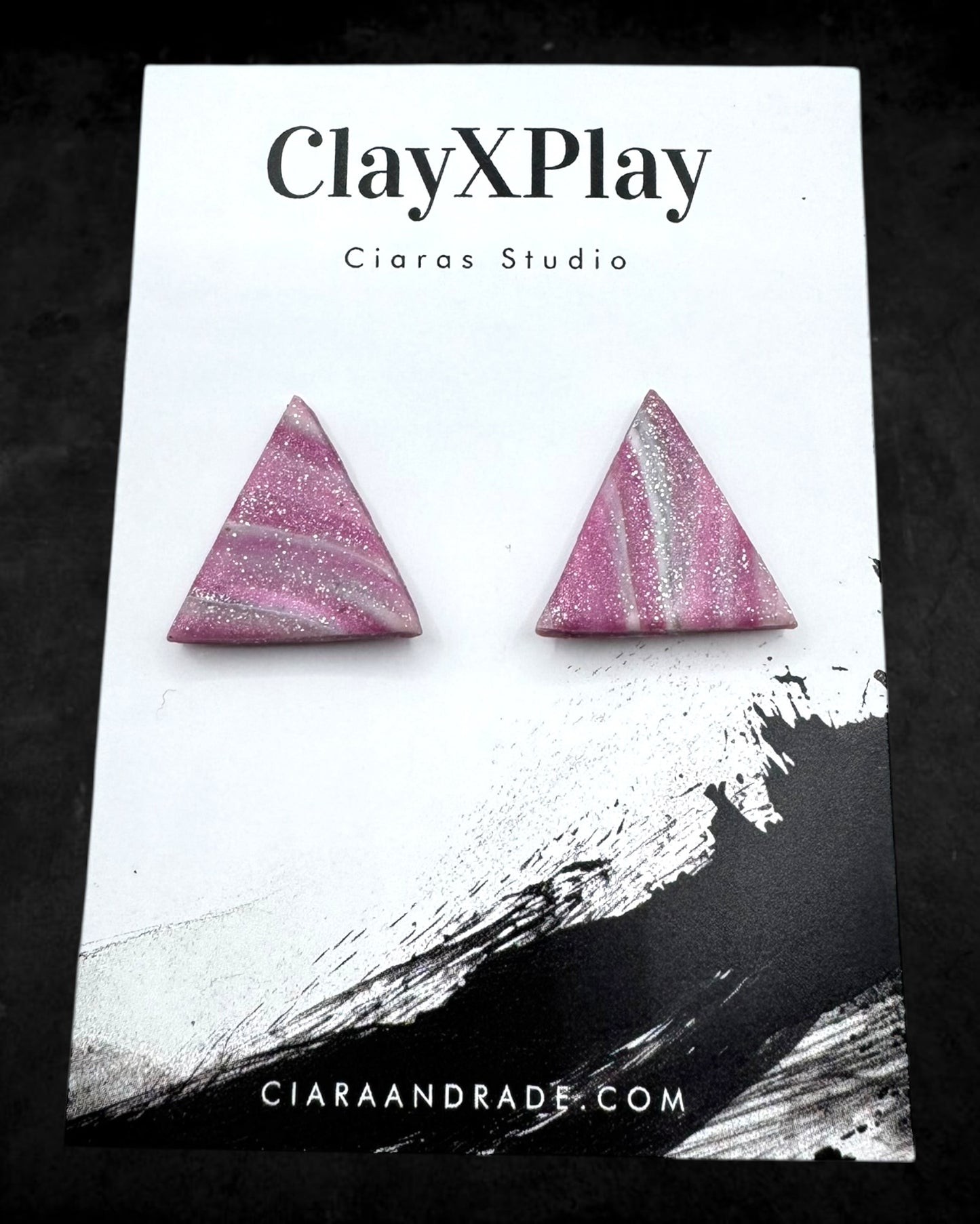 Pink & Silver Triangle Polymer Clay Stud Earrings Handmade