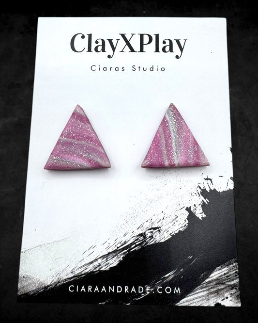 Pink & Silver Triangle Polymer Clay Stud Earrings Handmade