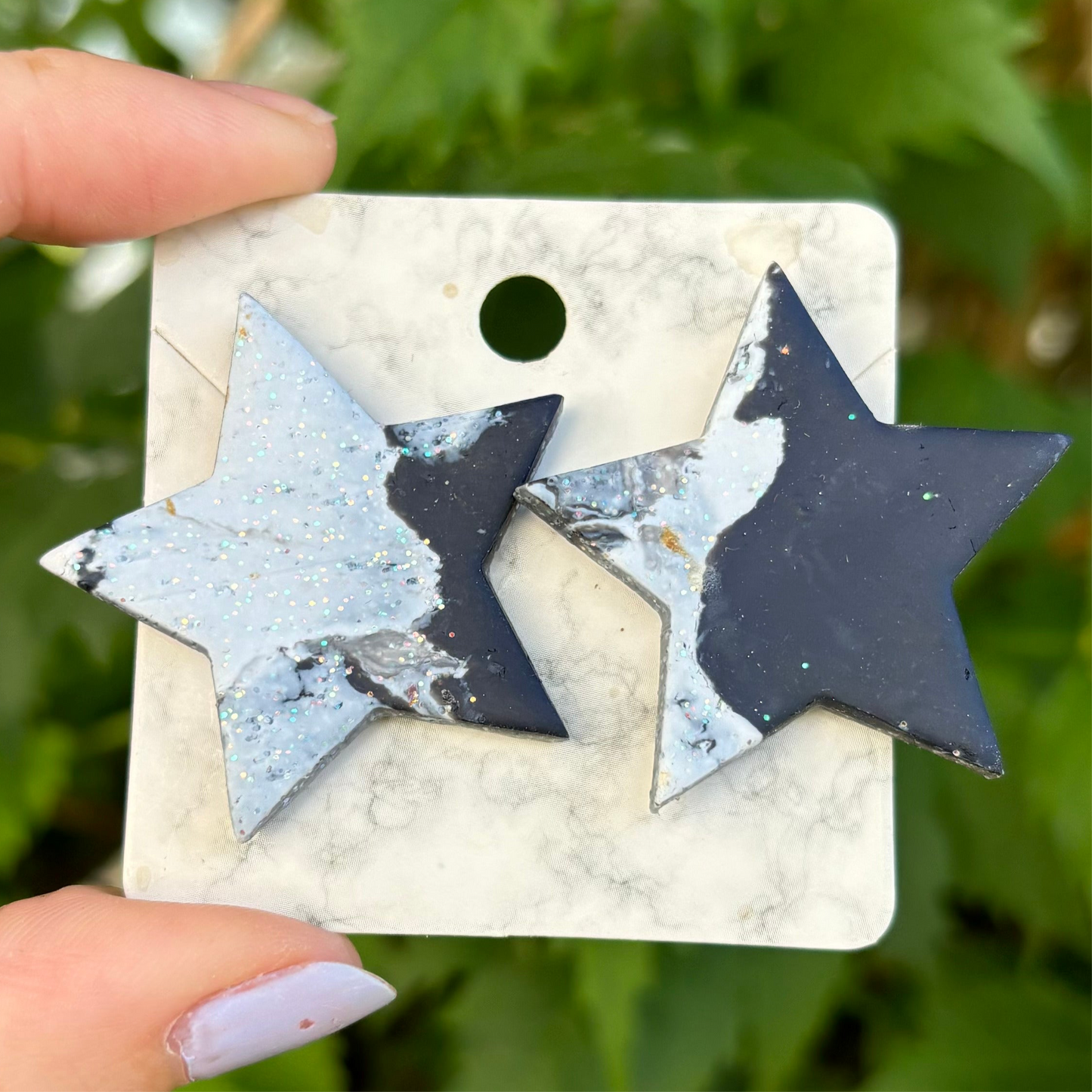 Black & White Marbled Star Polymer Clay XL Stud Earrings Handmade