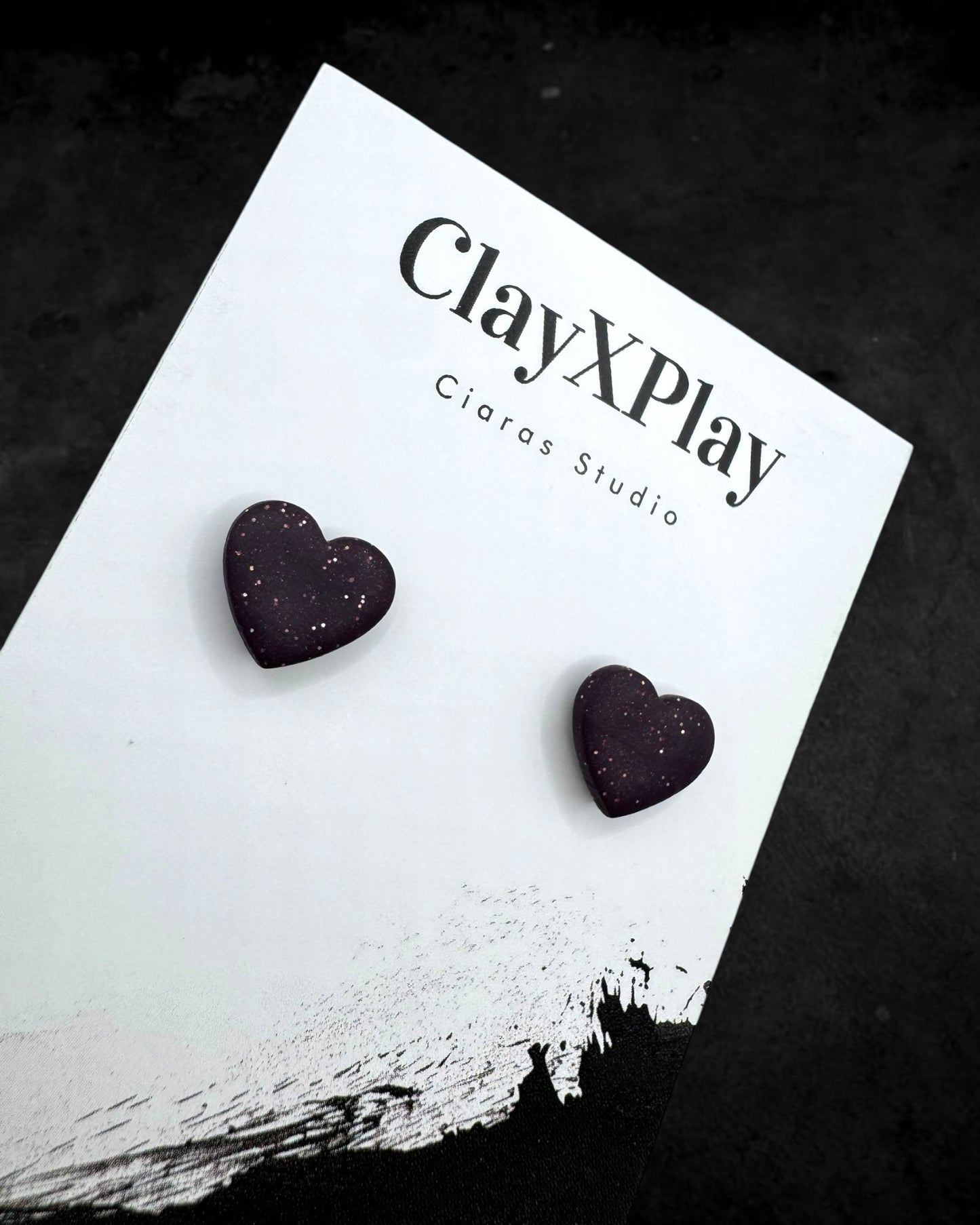 Dark Purple Small Heart Polymer Clay Stud Earrings Handmade