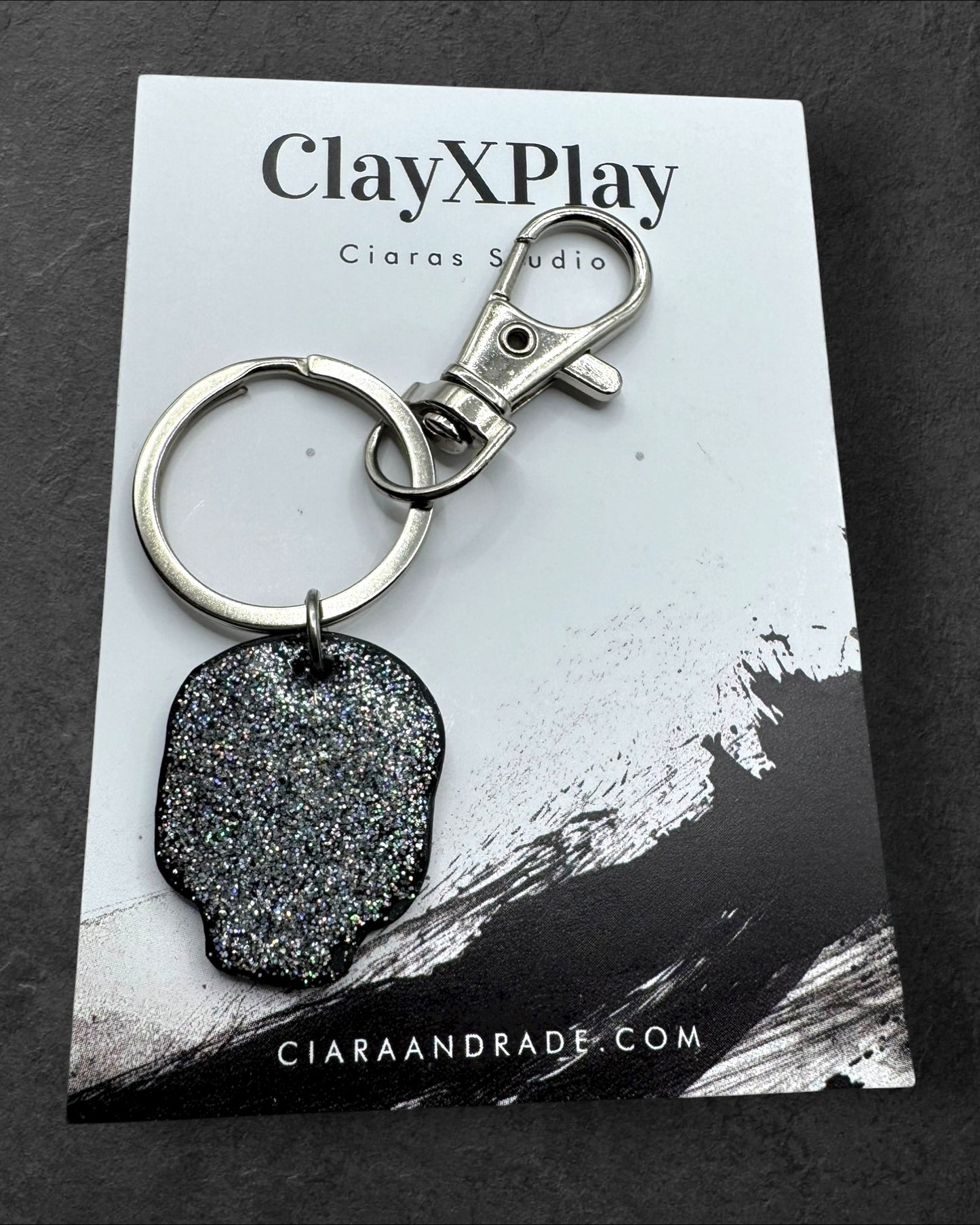 Diamond Eyes Skull Black Polymer Clay Keychain Handmade