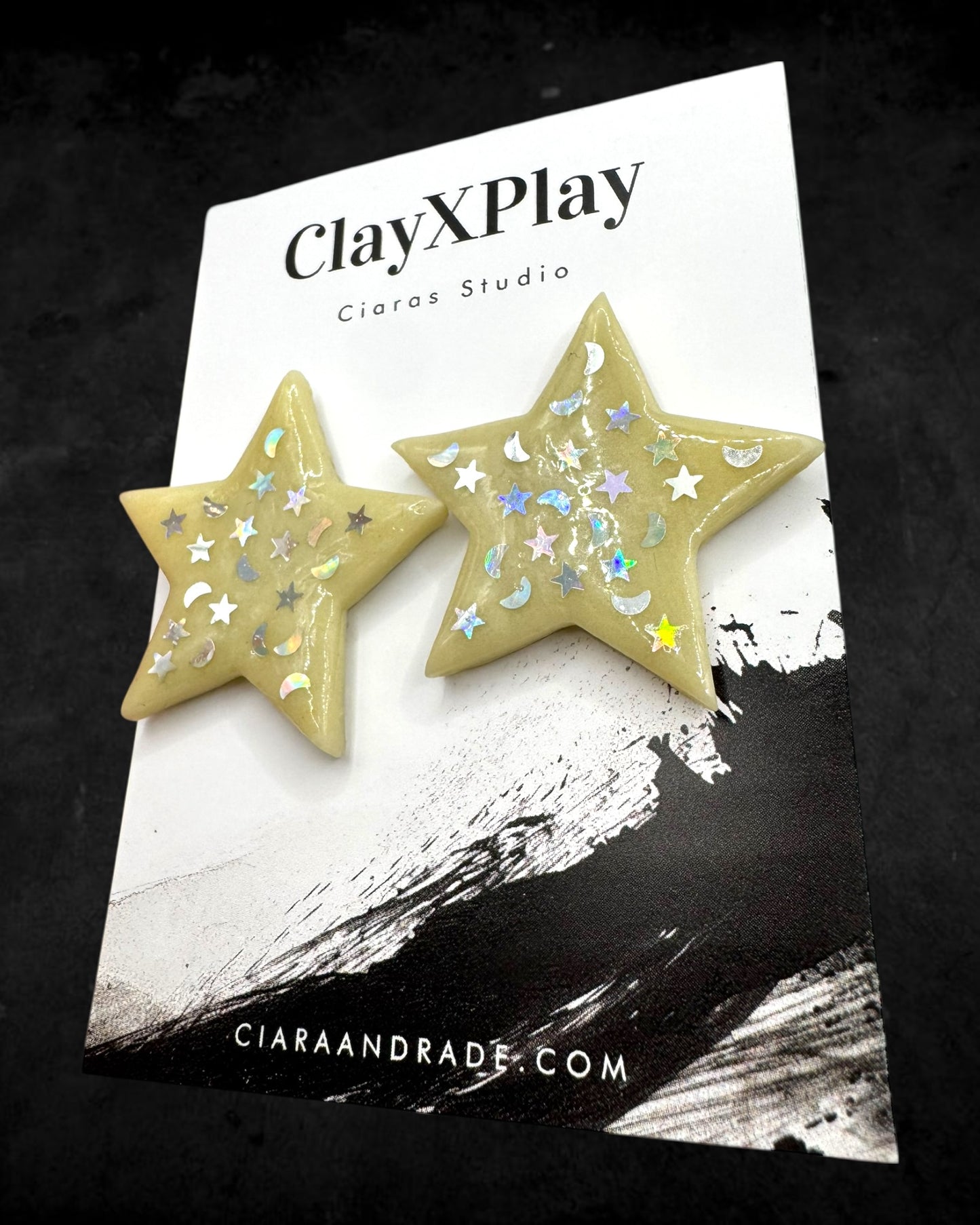 Star Glow In The Dark Starry Night Yellow Polymer Clay Stud Earrings Handmade