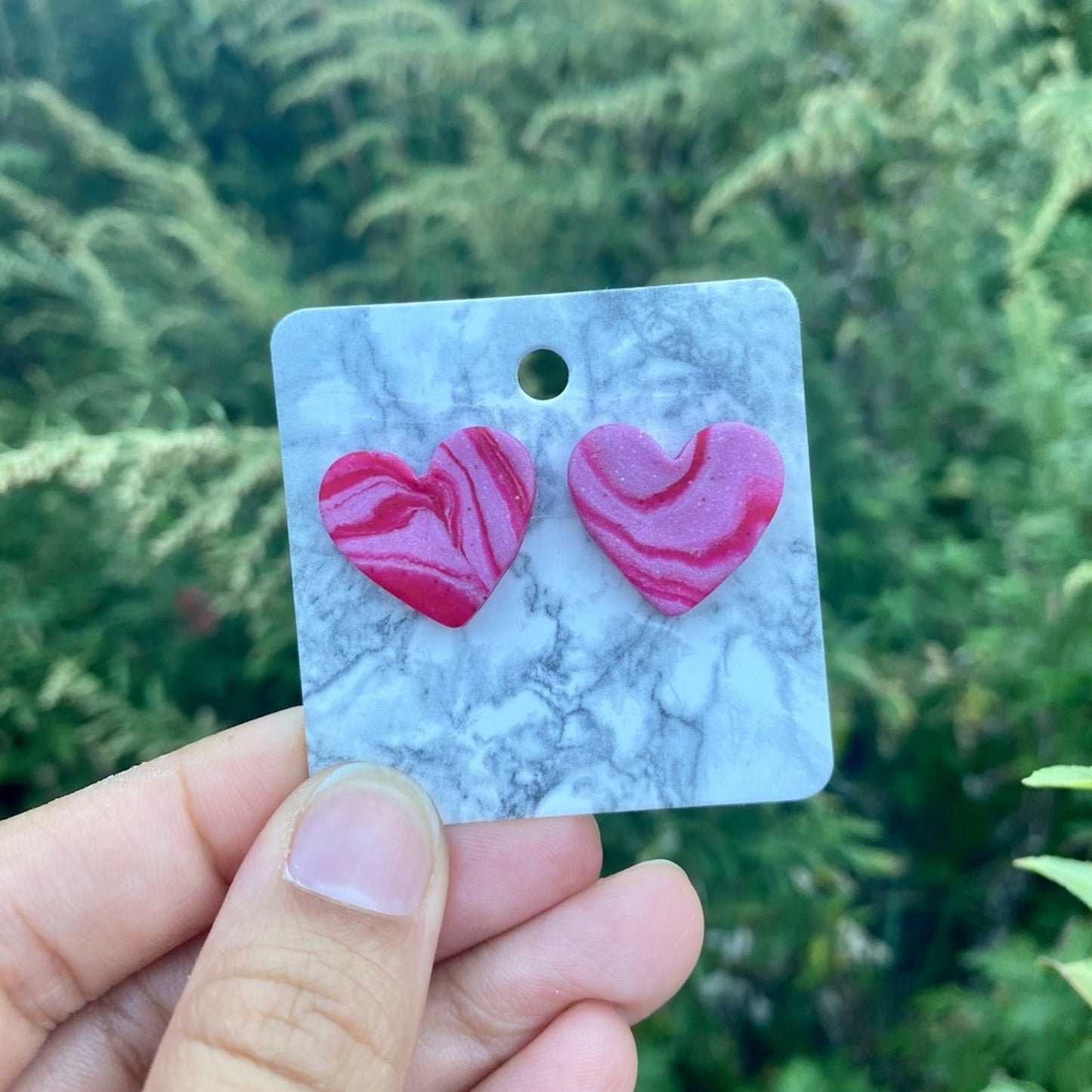 Pink & Red Medium Polymer Clay Heart Studs Handmade