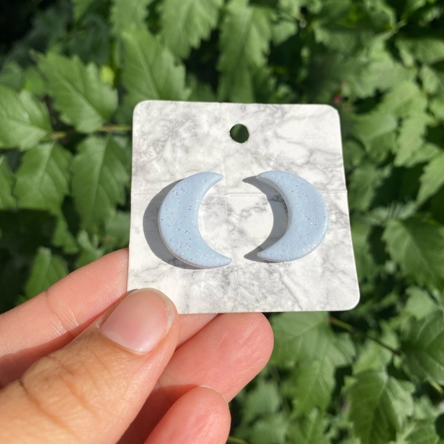 Powder Blue Glitter Moon Polymer Clay Stud Earrings Handmade