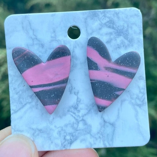 Pink & Gray Marbled Heart Handmade Polymer Clay Stud Earrings