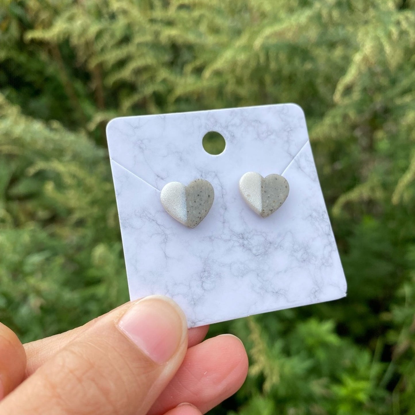 White & Gray Small Heart Polymer Clay Stud Earrings Handmade