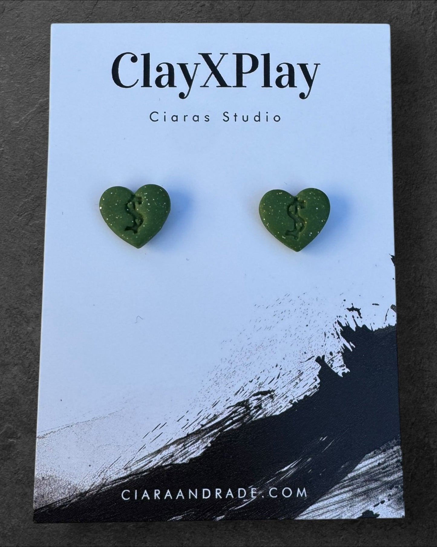 Money Magic Green Small Polymer Clay Heart Stud Earrings Handmade