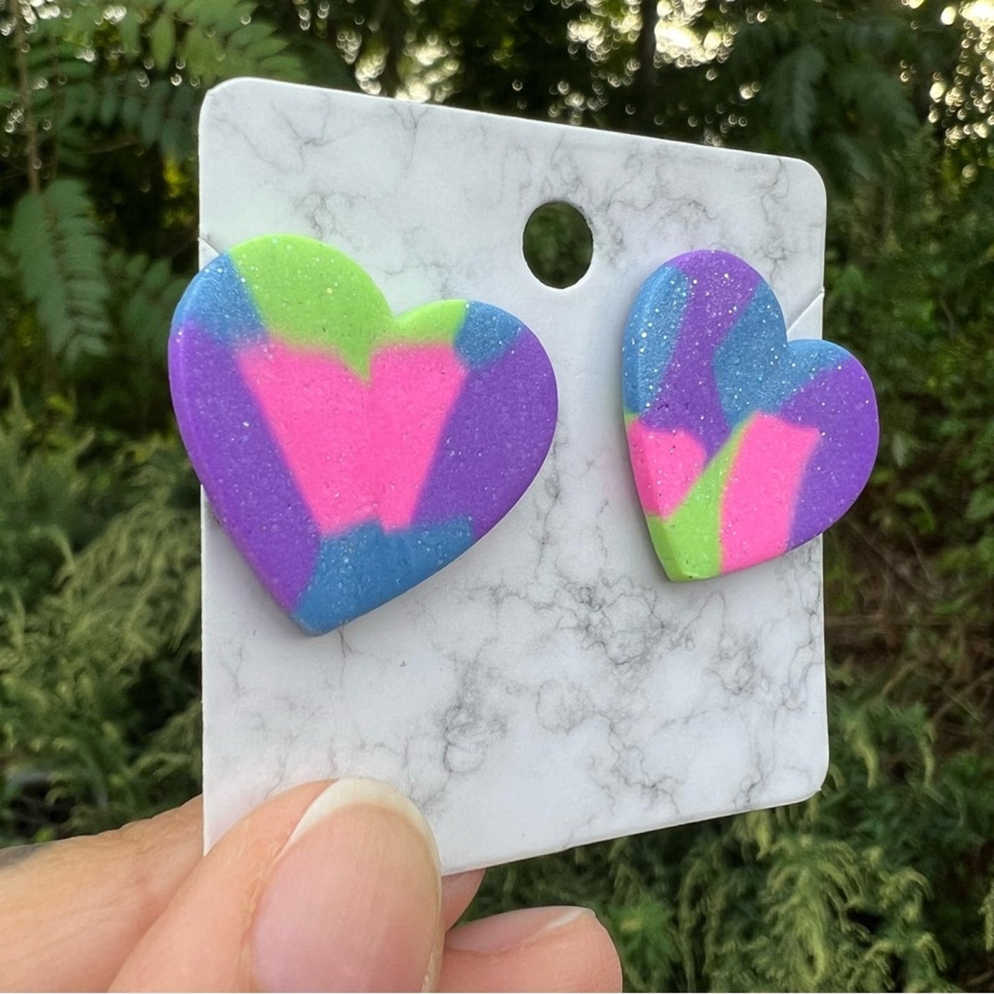 Multi Color‎ Purple Green Blue XL Heart Clay Stud Earrings Handmade Handcrafted