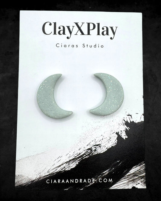 Powder Blue Glitter Moon Polymer Clay Stud Earrings Handmade