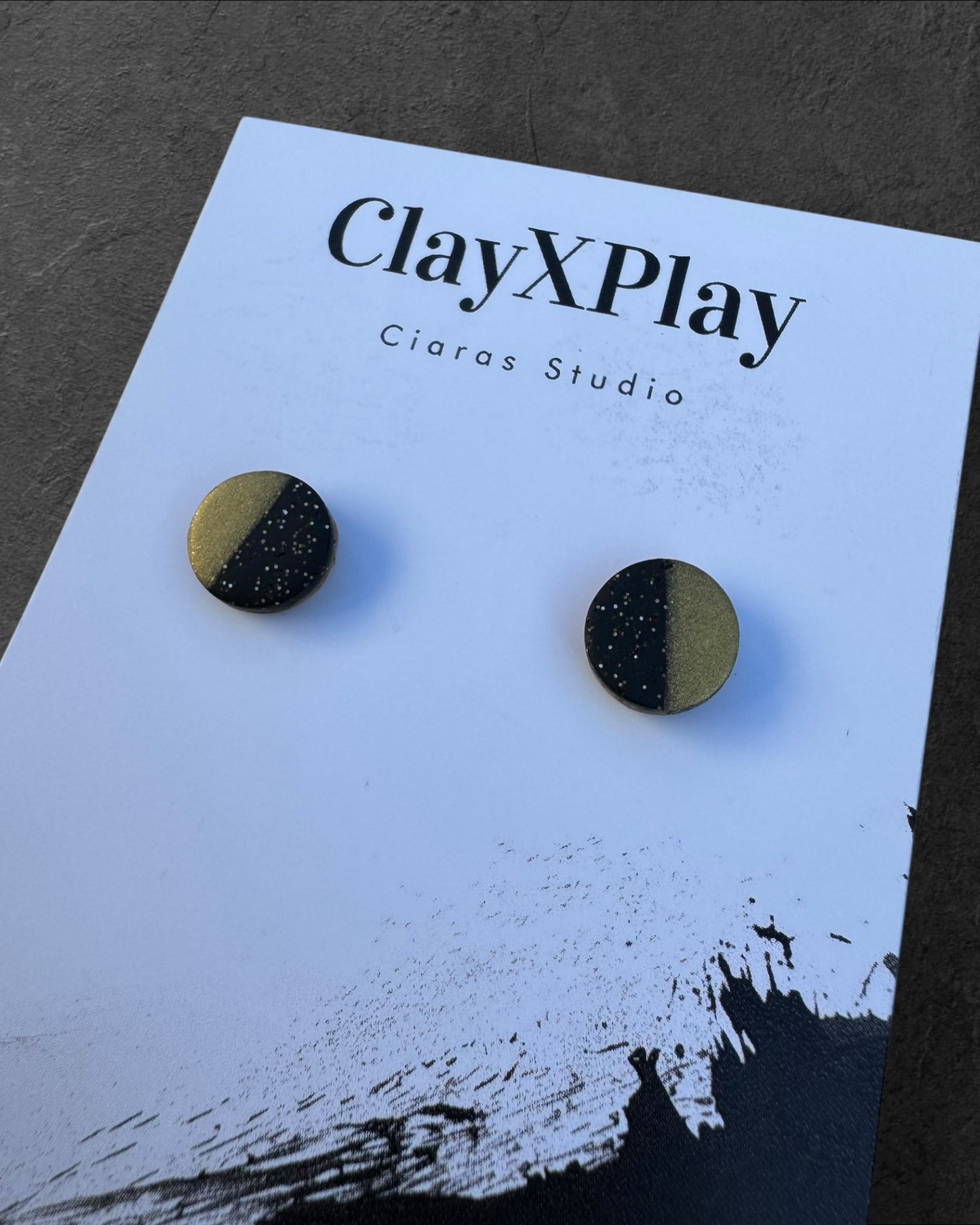 Black & Gold Mini Round Polymer Clay Stud Earrings Handmade