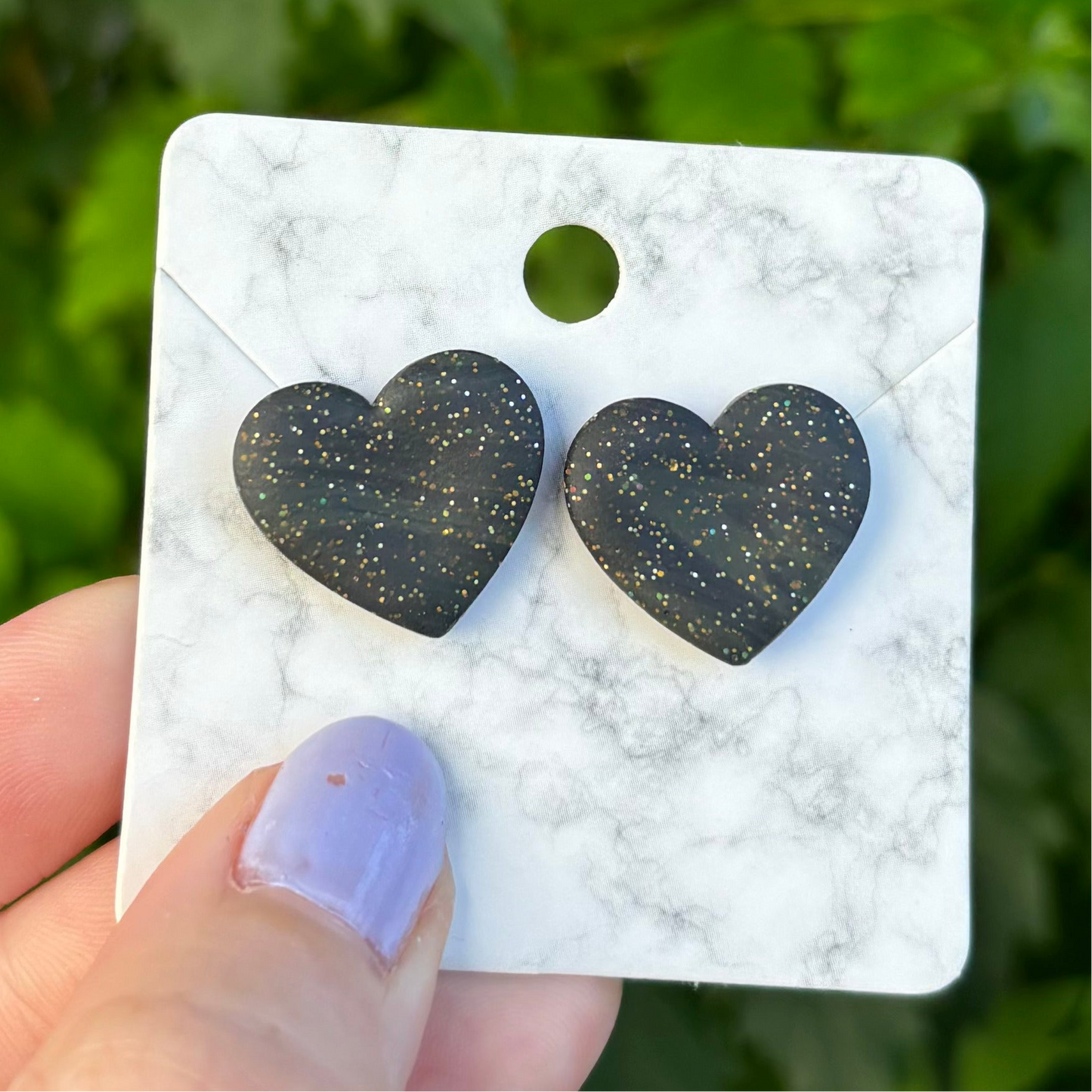 Dark Green & Black Medium Polymer Clay Heart Stud Earrings Handmade