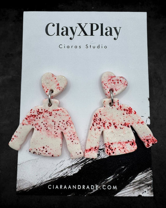Sweater Weather White & Res Dangle Polymer Clay Earrings Handmade