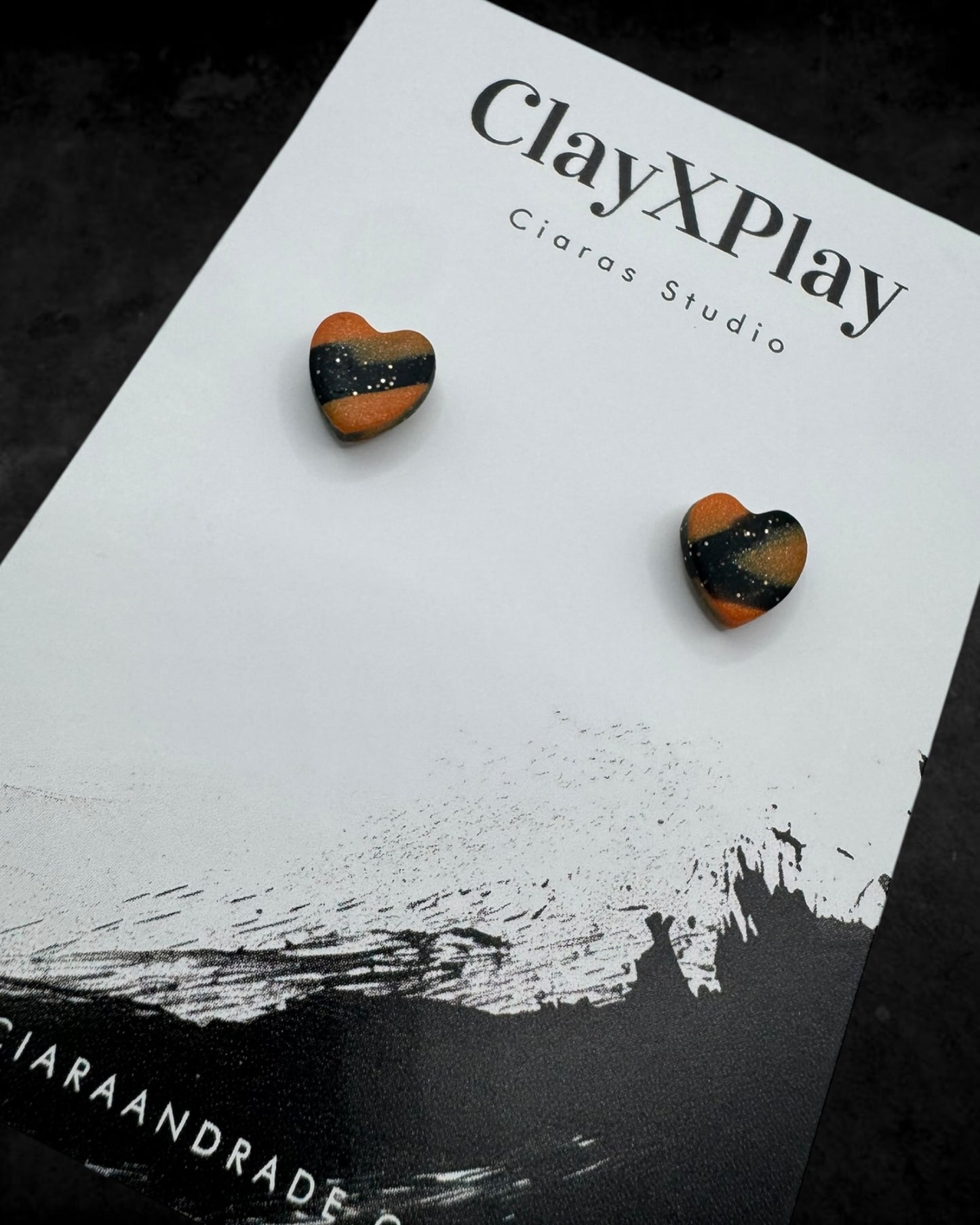 Orange & Black Mini Heart Polymer Clay Stud Earrings Handmade