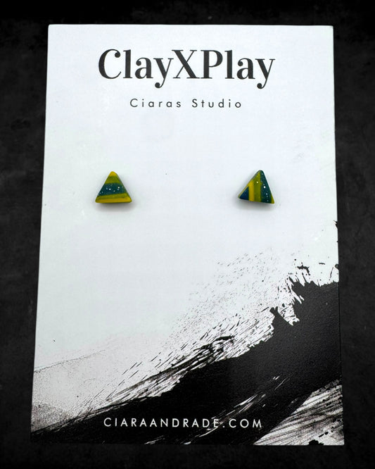 Tiny Triangle Yellow & Blue Polymer Clay Stud Earrings Handmade