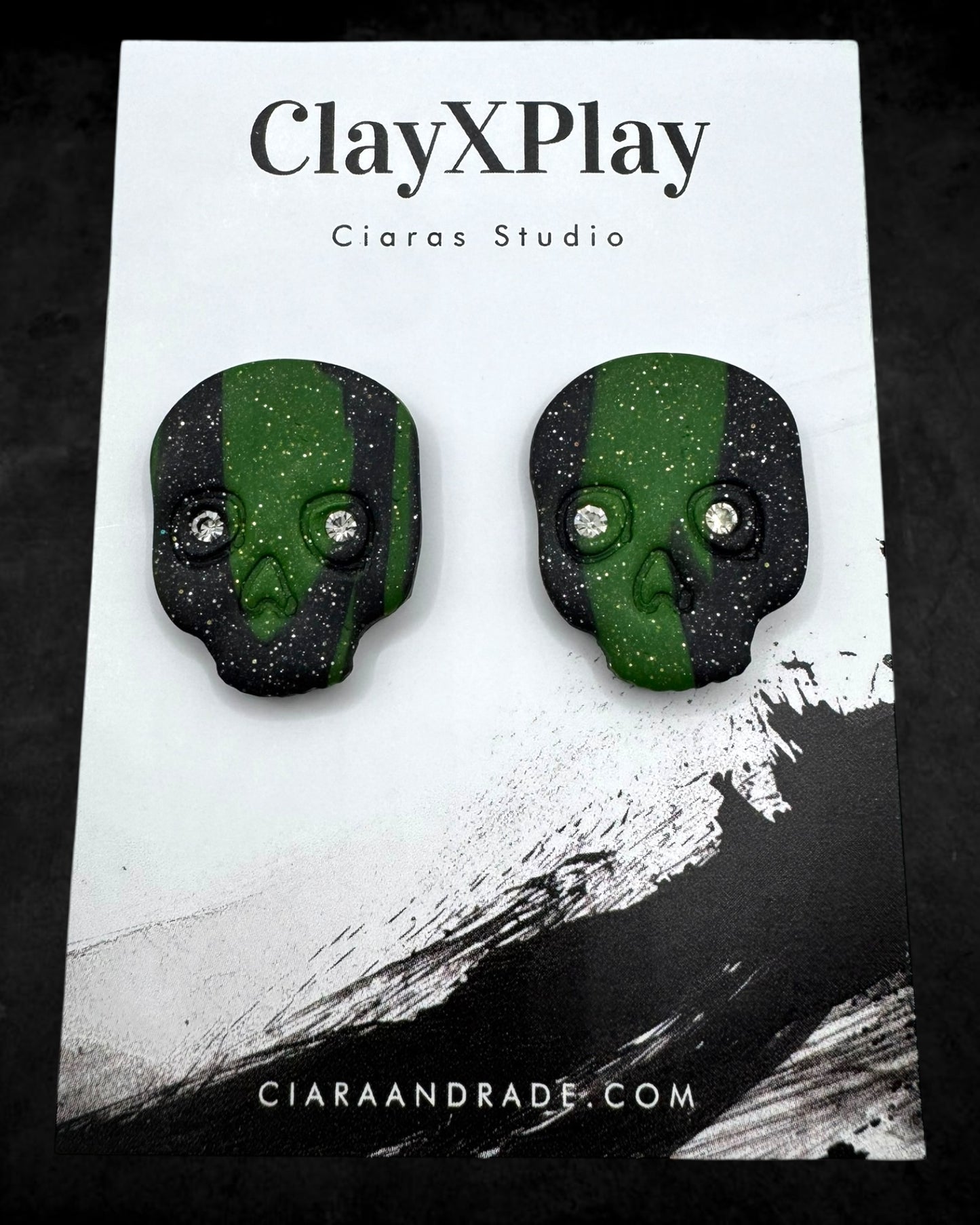 Diamond Eye Skull Black & Green Marbled XL Polymer Clay Stud Earrings Handmade