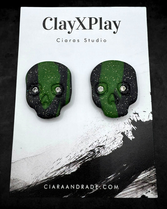 Diamond Eye Skull Black & Green Marbled XL Polymer Clay Stud Earrings Handmade