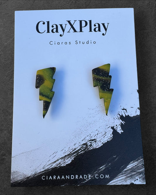 Lightning Bolt Black & Yellow Small Polymer Clay Stud Earrings Handmade