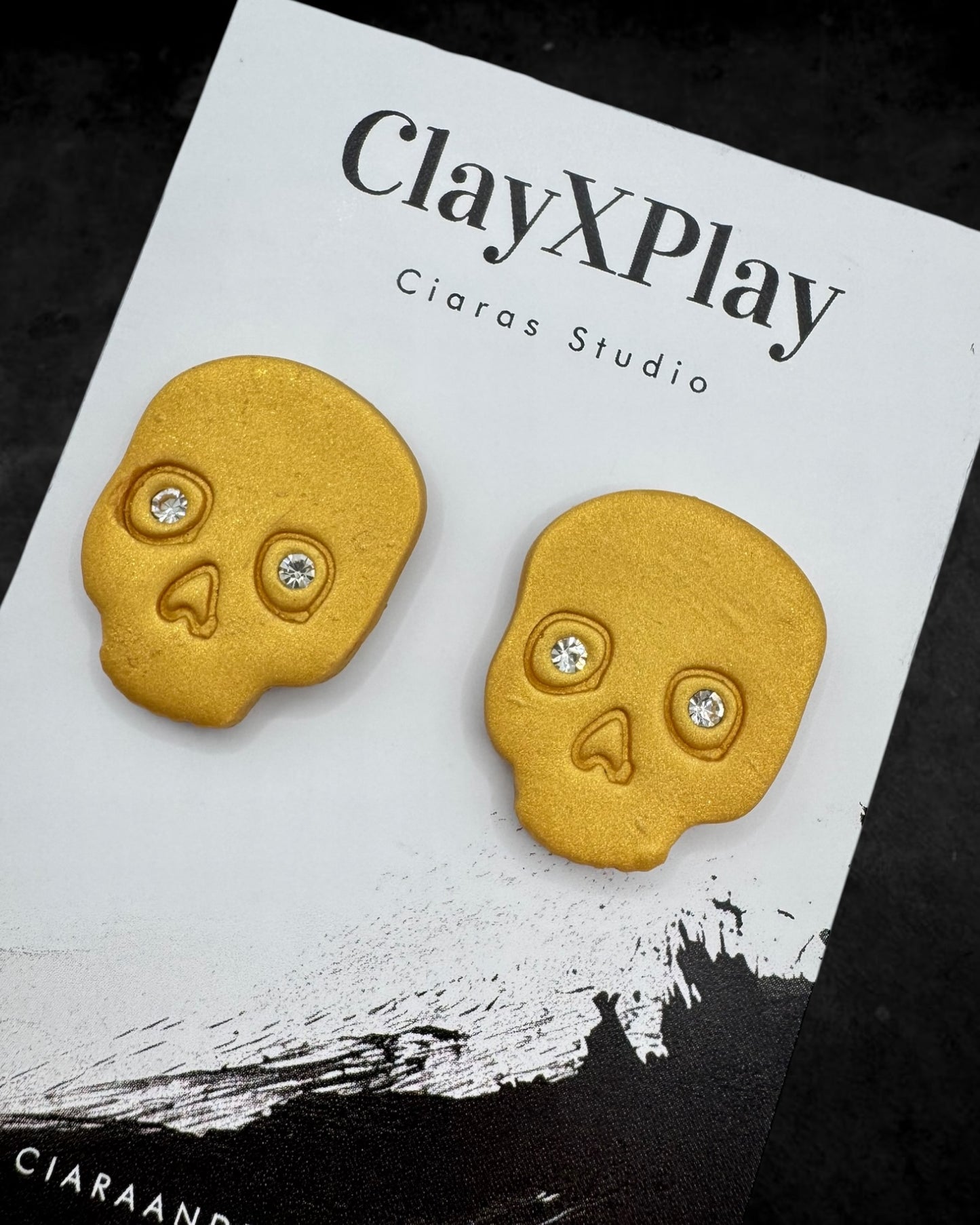 Diamond Eye Skull Gold XL Polymer Clay Stud Earrings Handmade
