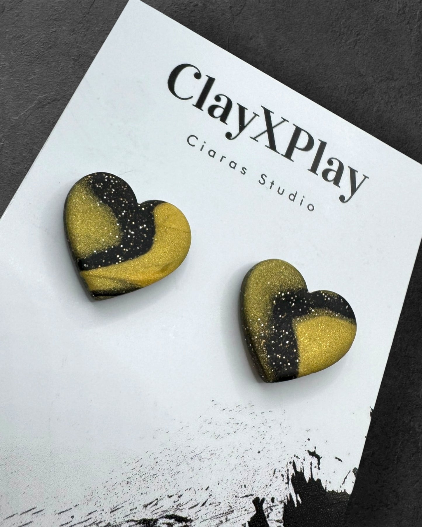 Black & Gold Polymer Clay Heart Stud Earrings – Medium Handmade