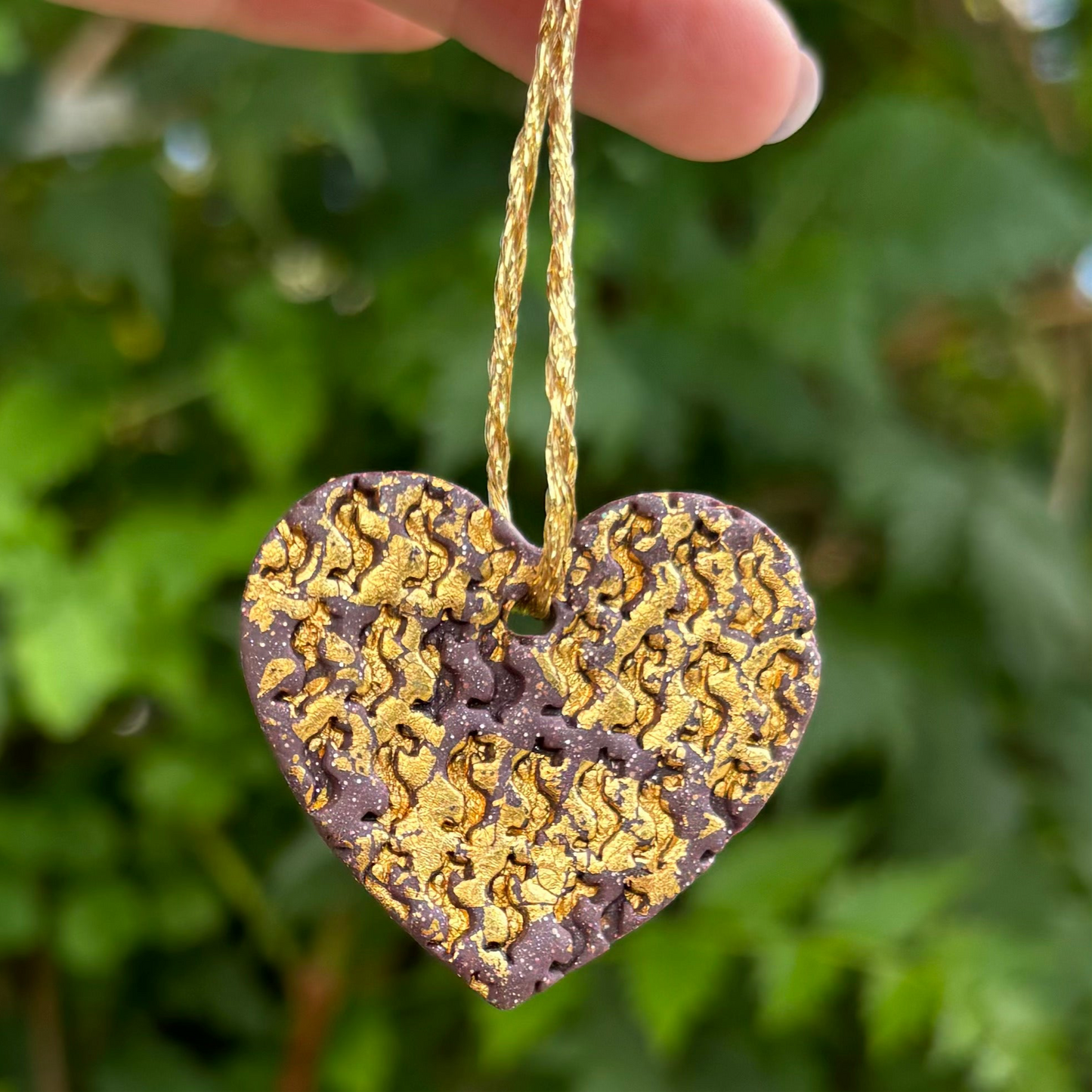 Money Magic Maroon & Gold Leaf Polymer Clay Heart Ornament Handmade