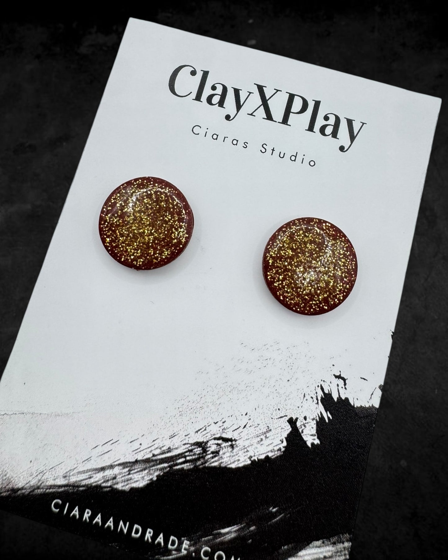 Red Gold Glitter Large Round Polymer Clay Stud Earrings Handmade