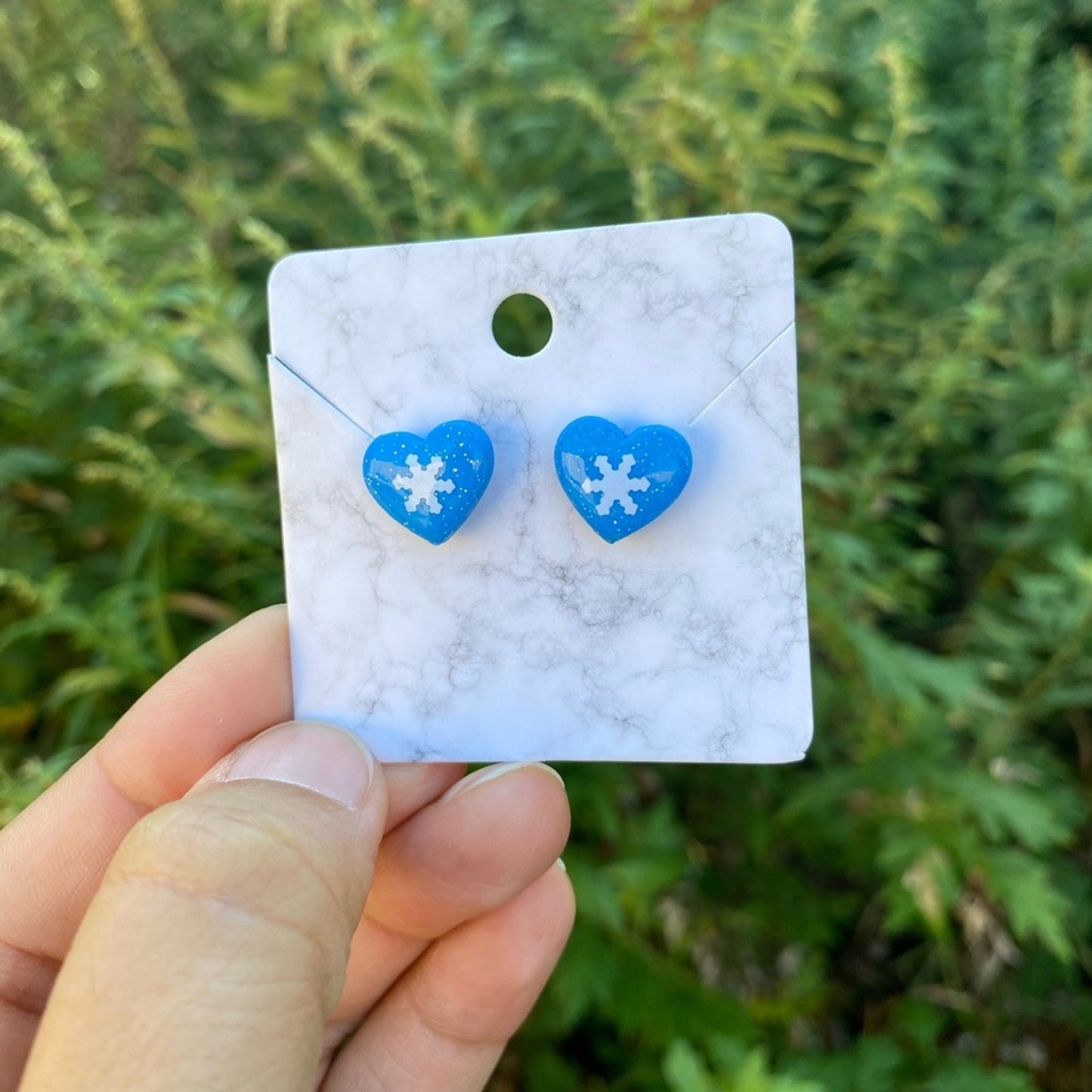 Winter Time Blue Small Polymer Clay Heart Stud Earrings Handmade