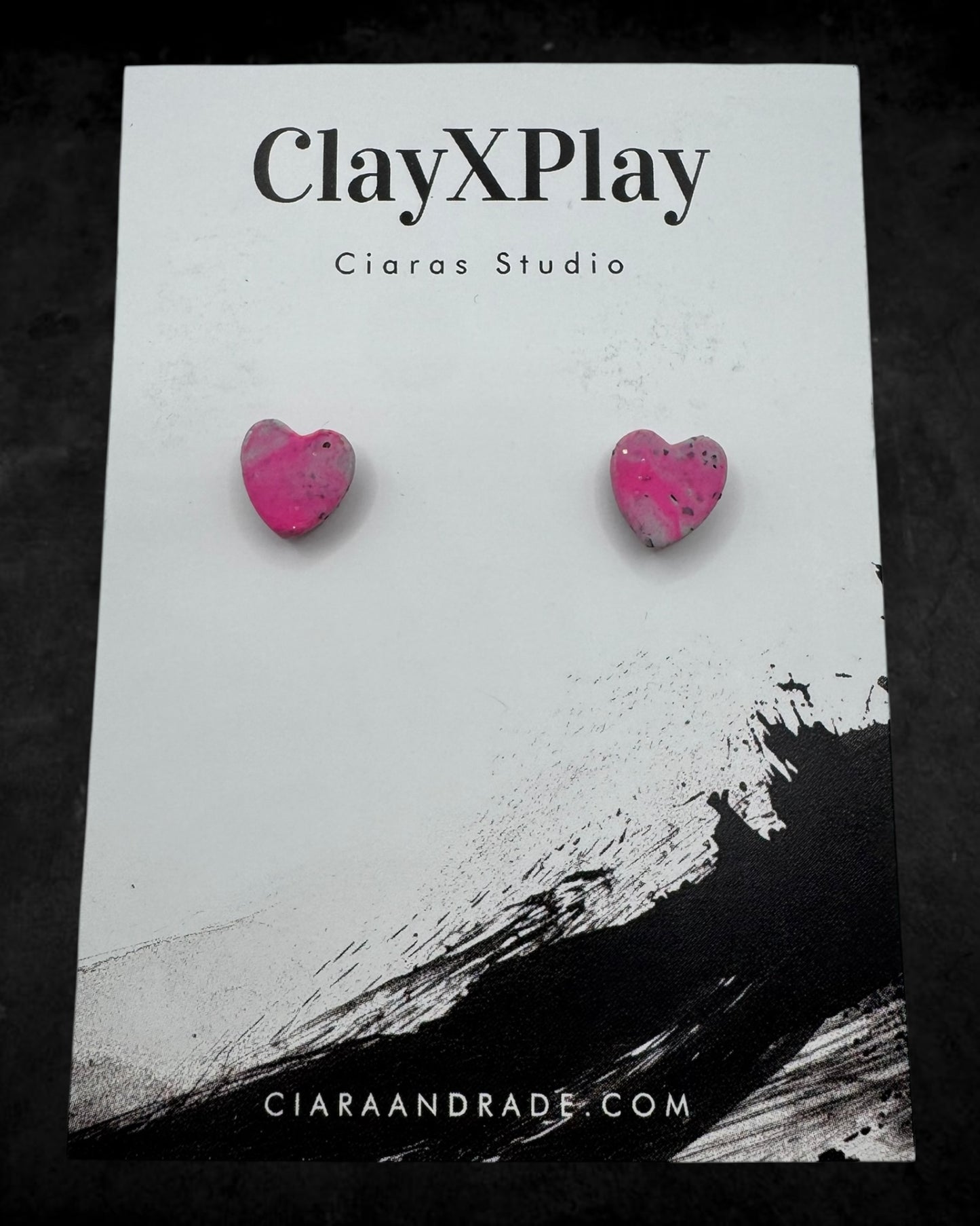 Pink & Gray Mini Heart Polymer Clay Stud Earrings Handmade